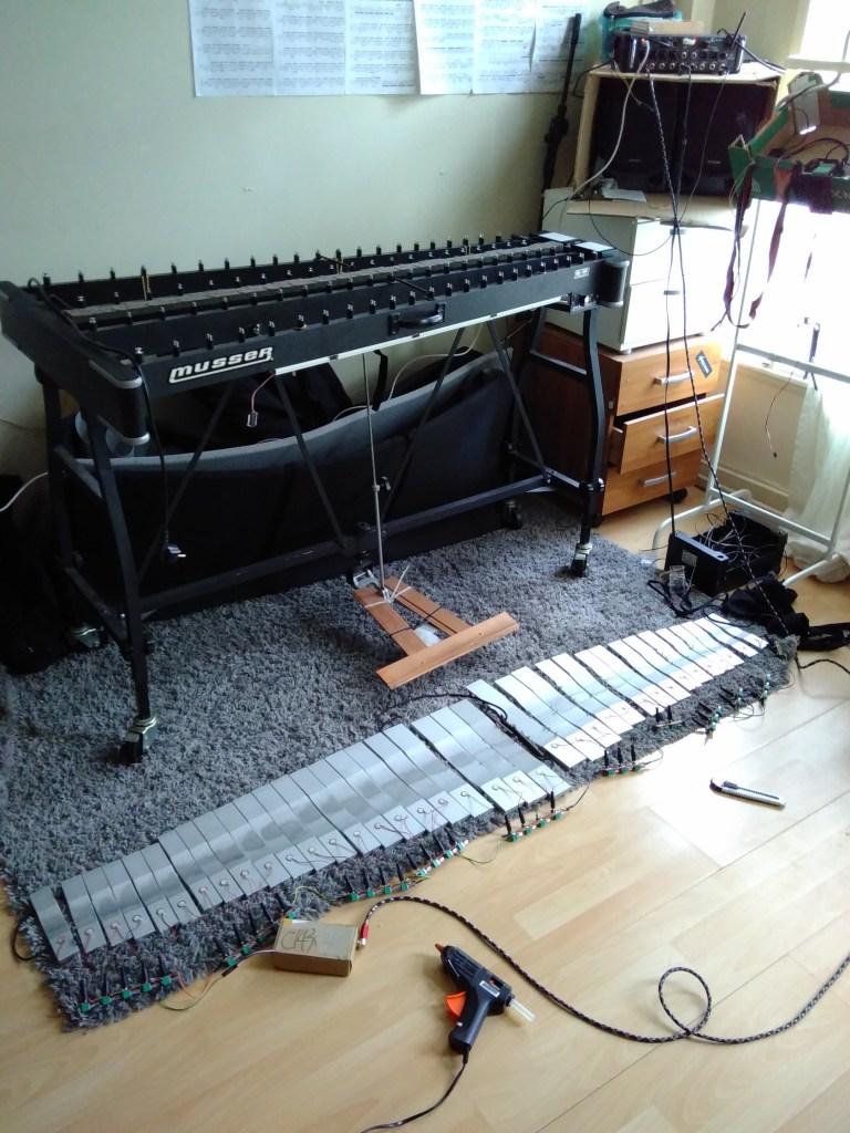 musser vibraphone with keys on the floor for gluing piezoelectric transducers
